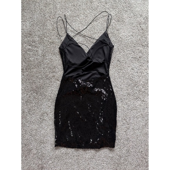 B Darlin Black Sequin Mini Dress Crisscross Back Size M - Picture 5 of 7
